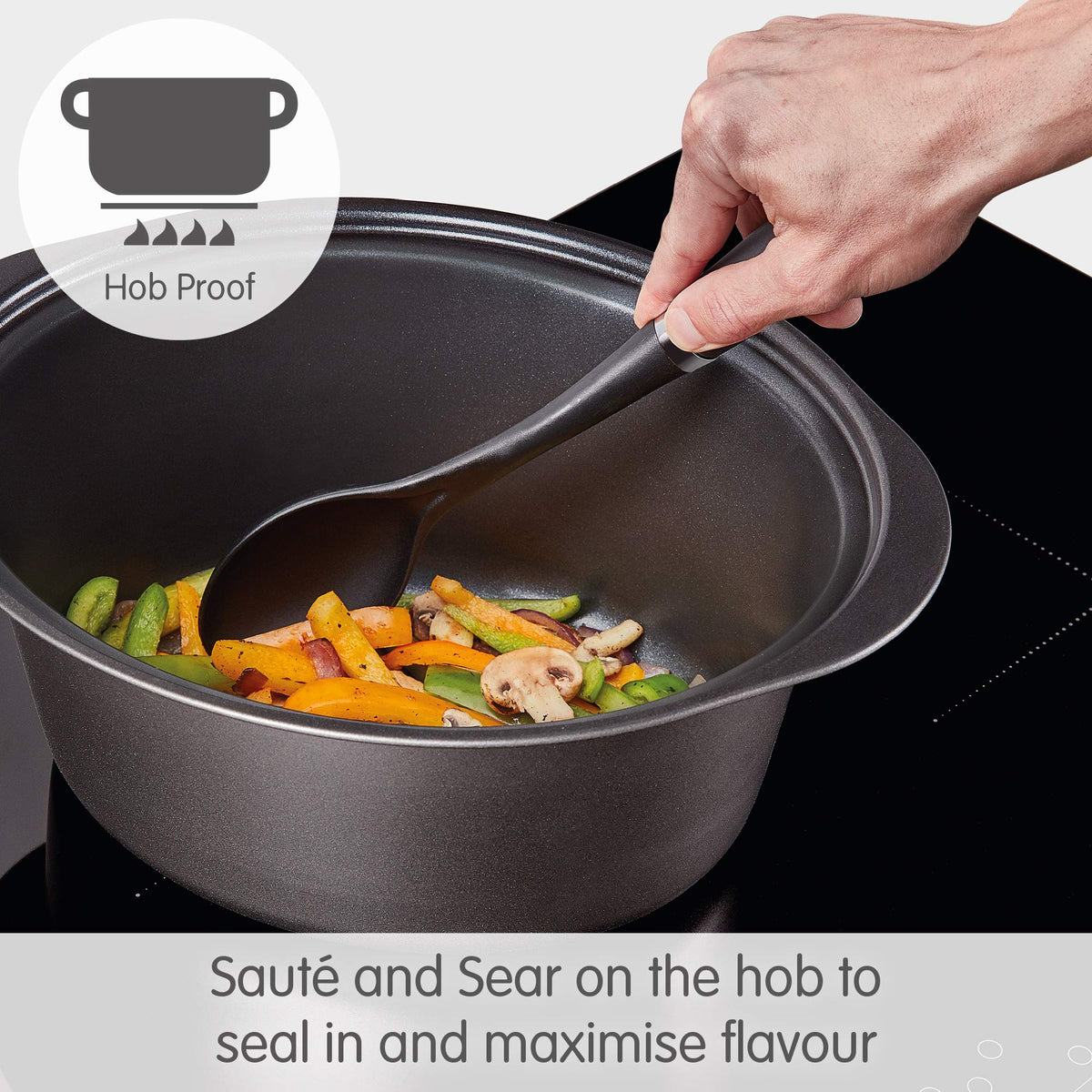 Morphy Richards 6.5L Sear and Stew Slow Cooker with Detachable Hinged lid, Shatter Resistant Aluminium Pot, 3 Heat Settings, Hob Proof, Easy Clean,
