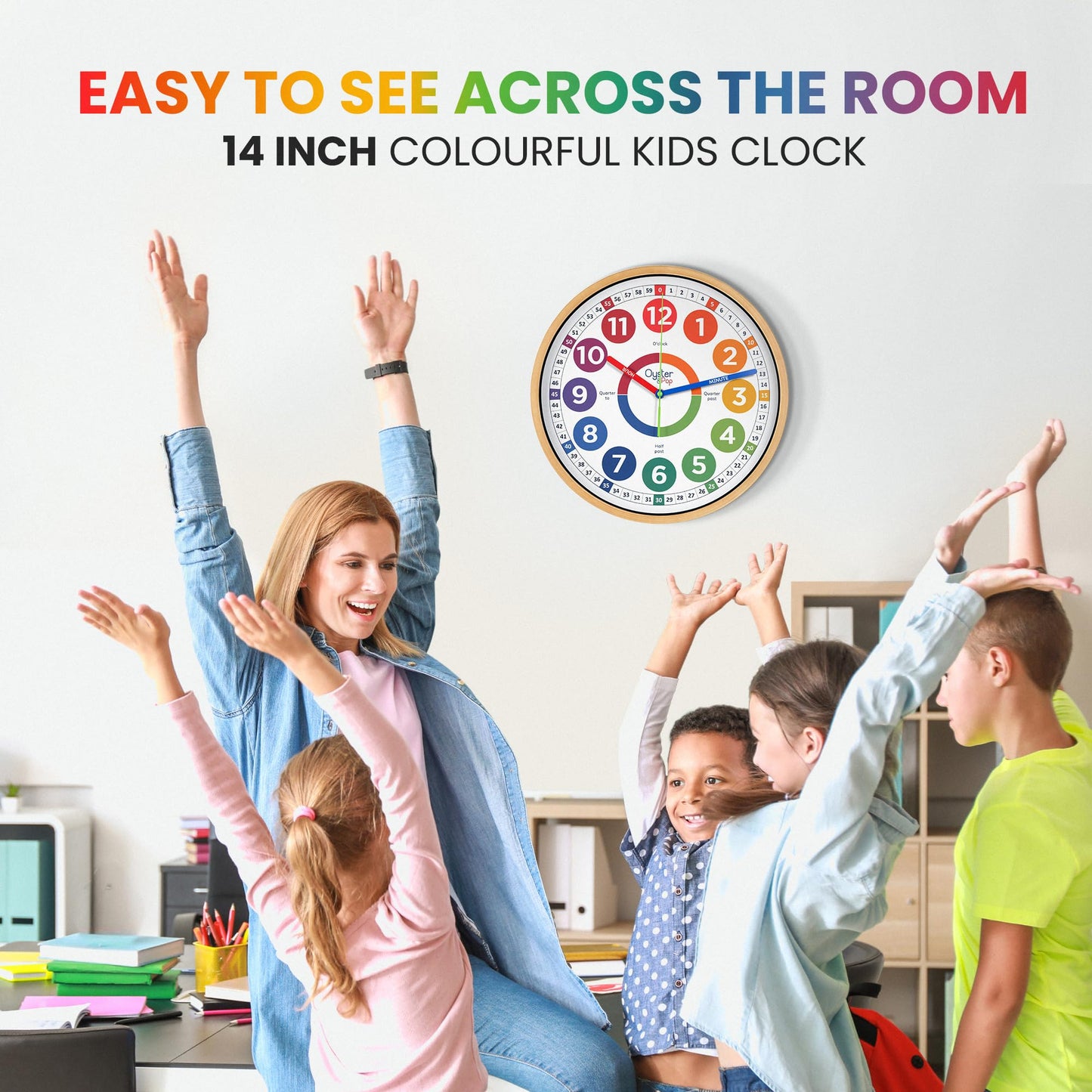 Classroom Clock - 14 Inch Extra Large Learning Clock for Kids - Silent Teaching Time Kids Wall Clock - Analog Clock for Kids Room Decor - Perfect