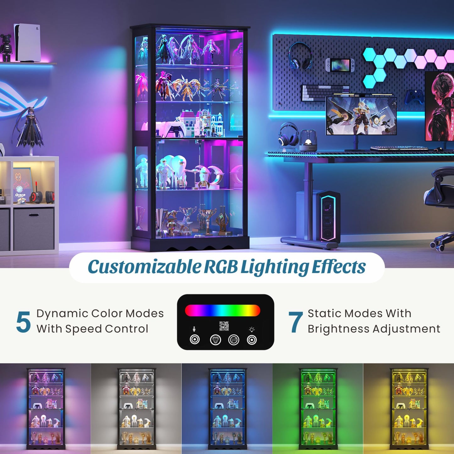 FREDEES Glass Display Cabinet with Lock and RGB Lights, 5-Tier, Black