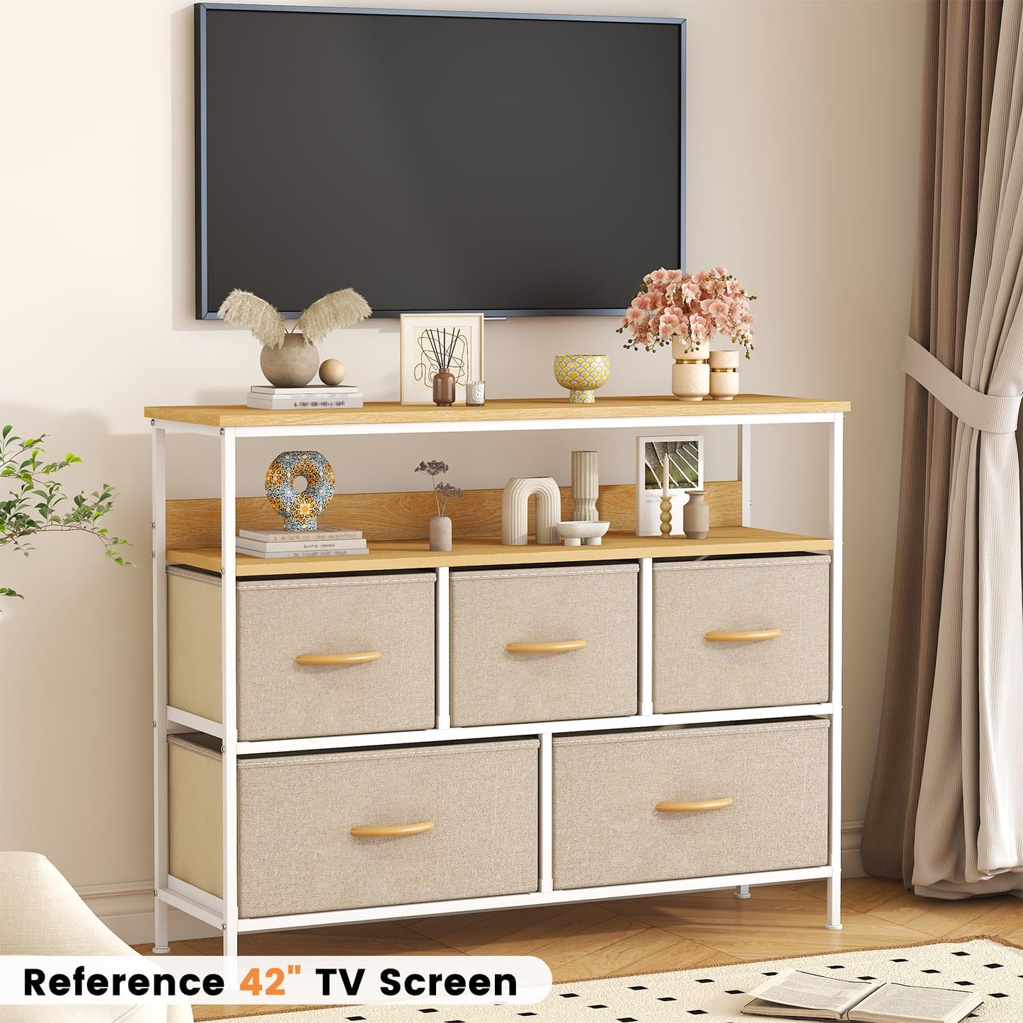 KU Syang 5-Drawer Chest of Drawers with TV Stand | Heavy-Duty Steel Frame & Scratch-Resistant MDF Top