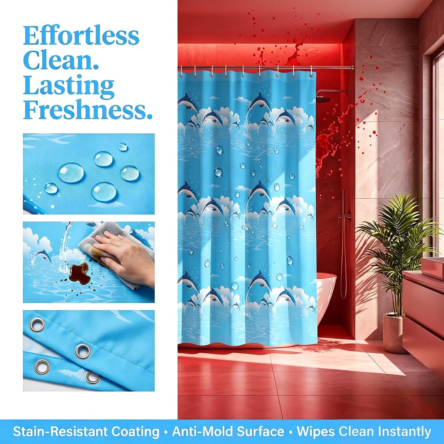 HUANYO Shower Curtain Mould Proof Resistant, 180 x 200cm Waterproof Bathroom Bathtub Curtain with 14 Hooks, One Piece per Set for Bath