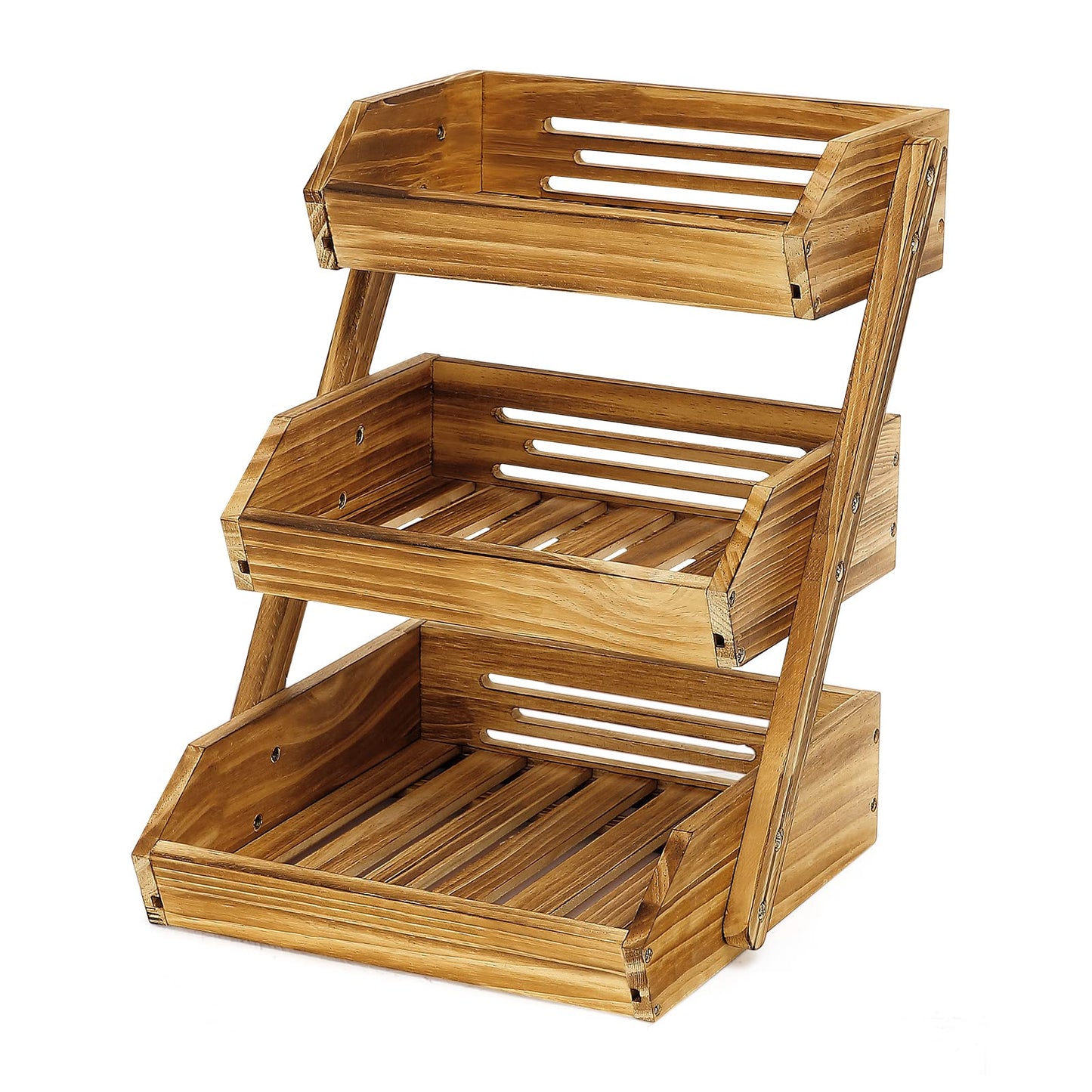 CALM COZY Fruit Basket, 3 Tier Wooden Fruit Basket Bowl Holder for Kitchen, Bread Fruit Storage Basket Wooden Vegetable Rack