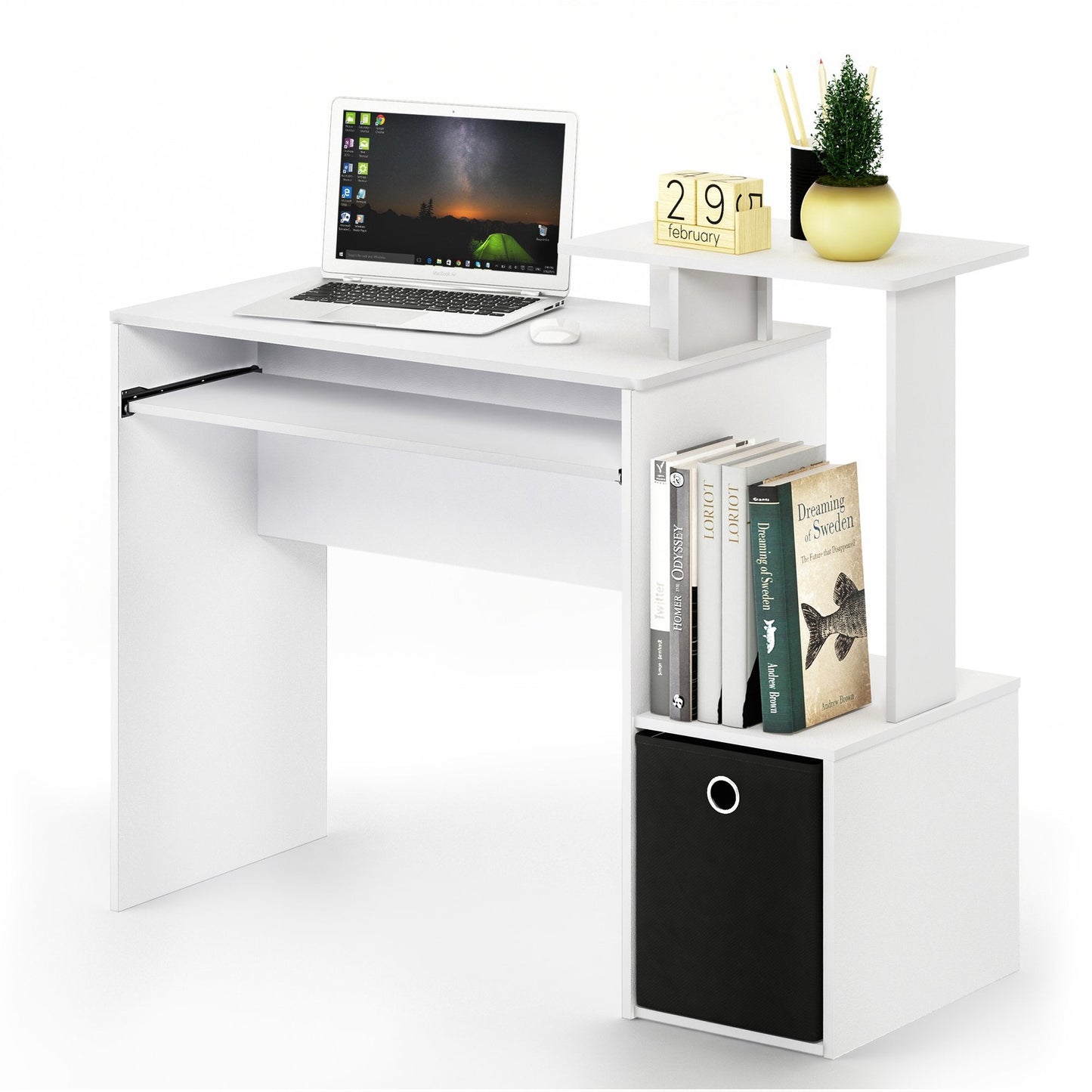 Furinno ECON Desk, Gaming Desk with Keyboard Tray, Computer Desk, Office Desk with Side Shelves and Storage Bin for Home Office, Study Room, Dorm