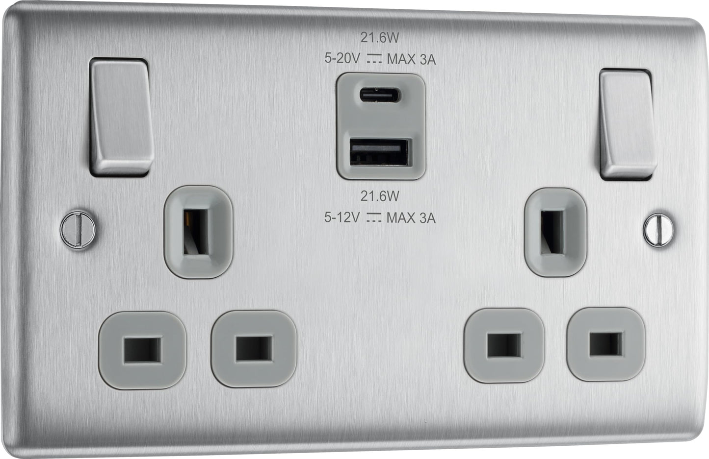 BG Electrical 22W Double Switched Wall Plug Socket with Fast Charge Type A & C USB Charging Ports, Nexus Metal, Brushed Steel, Grey Inserts, 13A,
