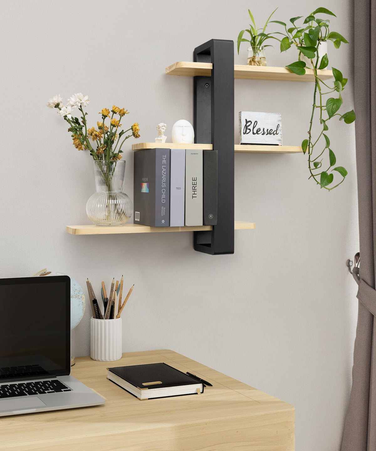 SUMGAR Floating Shelves for Wall Mounted Shelving Unit All Pine Wood 50CM 3 Tier Large Shelf for Bedroom Living Room Office Bathroom Home Decoration