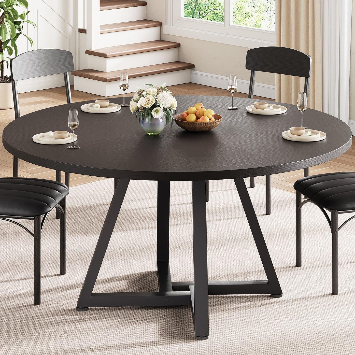 Jocoevol Round Kitchen Dining Table for 4 People, Circle Dinner Table with Metal Frame, Space Saving Wood Industrial Furniture (Black, 47 inch