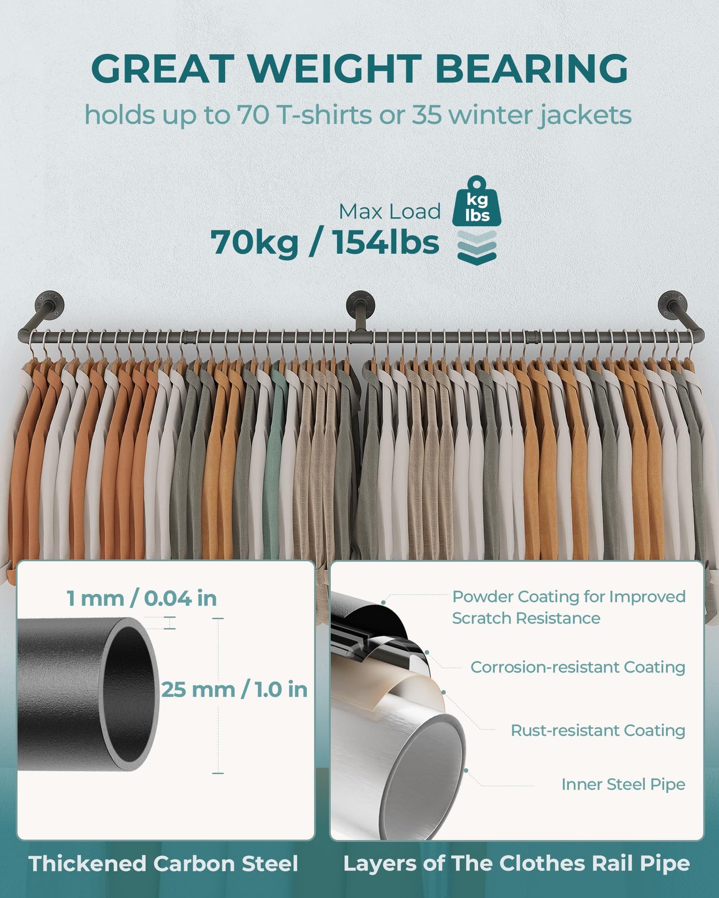 OROPY Industrial Pipe Clothes Rail, 167cm Wall Mounted Detachable Retro Metal Clothing Rail for Hanging Clothes, Heavy Duty Clothes Rail for Bedroom