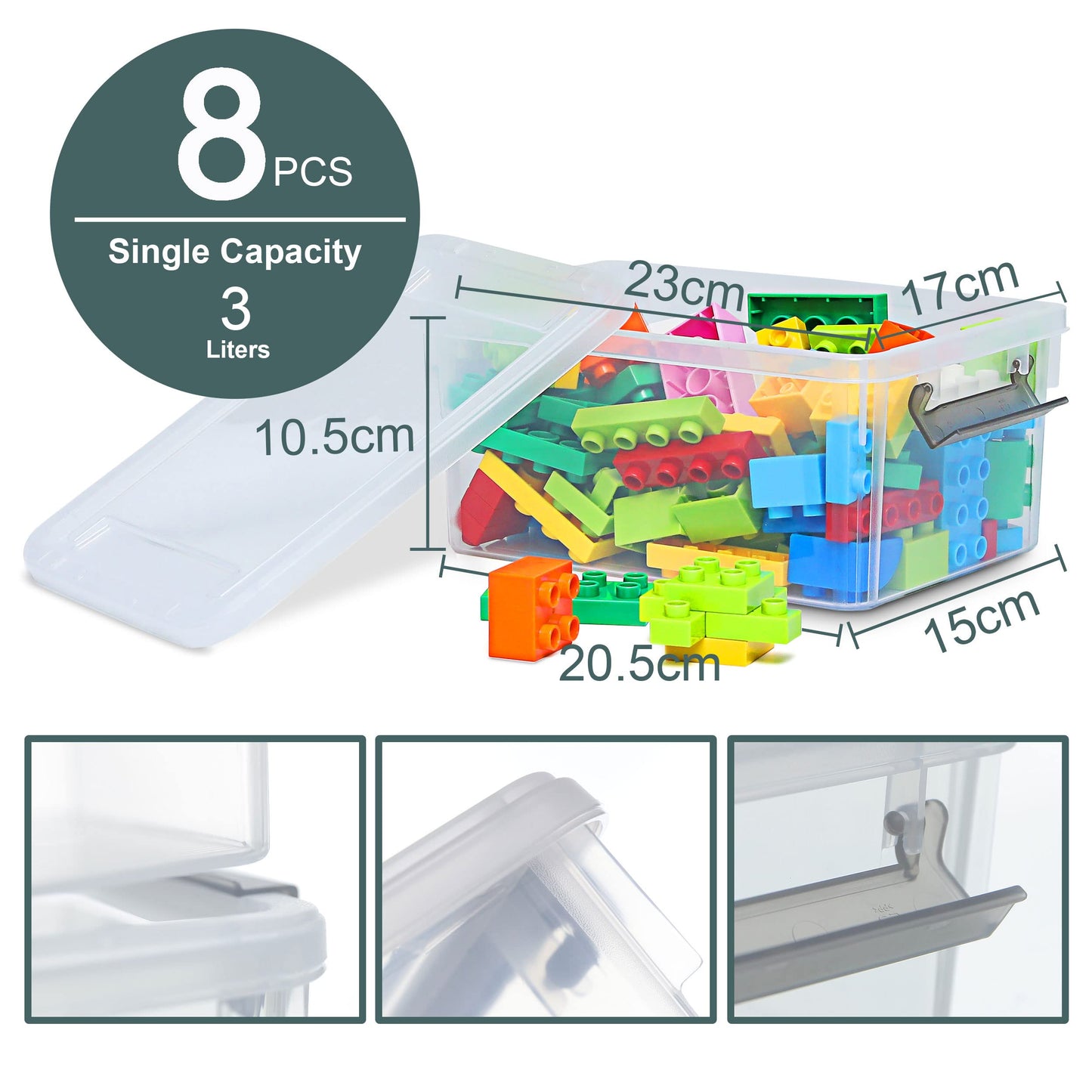 Citylife 8 Packs 3L Storage Boxes with Lids, Small Storage Boxes, Stackable Clear Plastic Storage Boxes with Handles