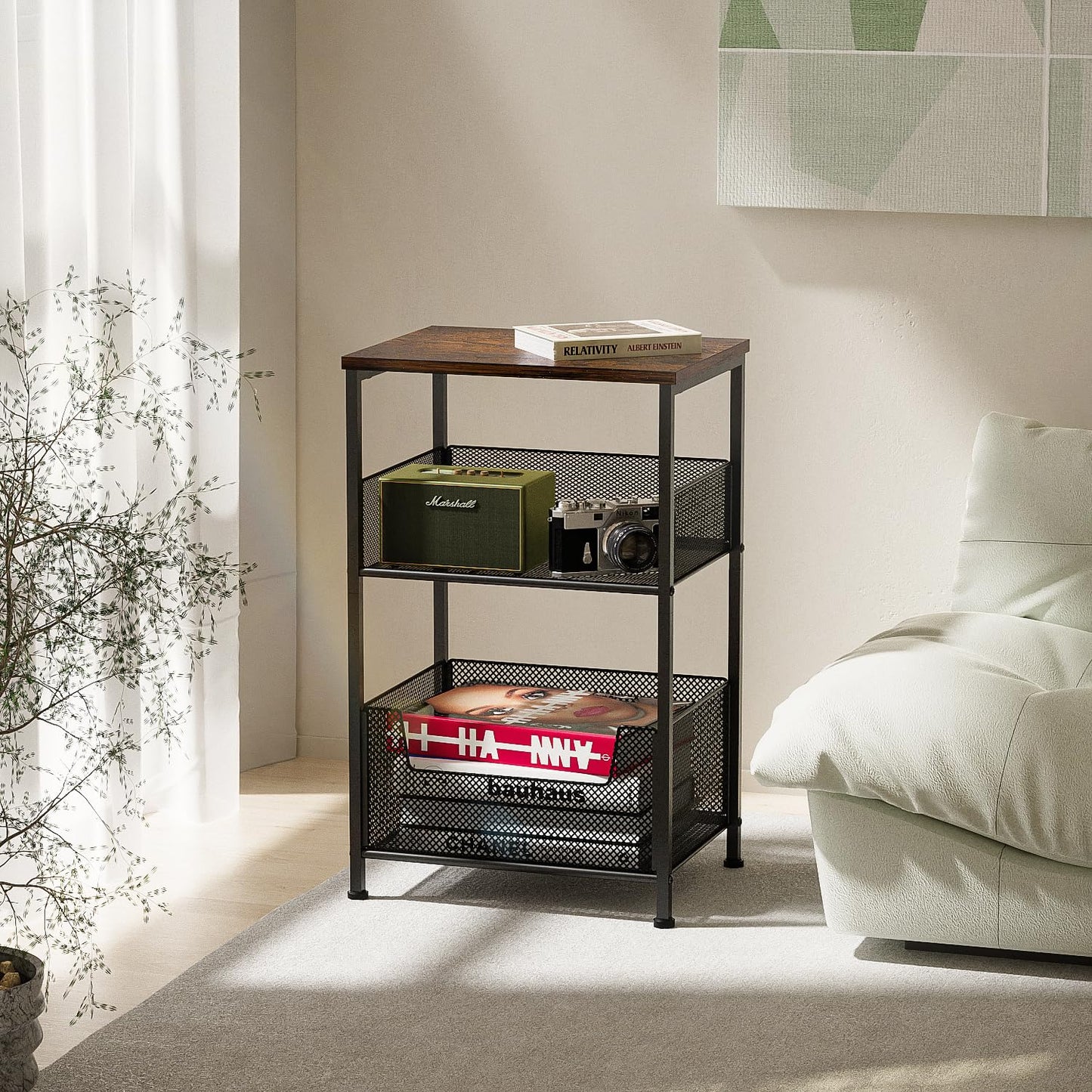 Mutool 3 Tier Side Table, 64.5cm End Table Sofa Side Table with Storage Shelf for Small Spaces