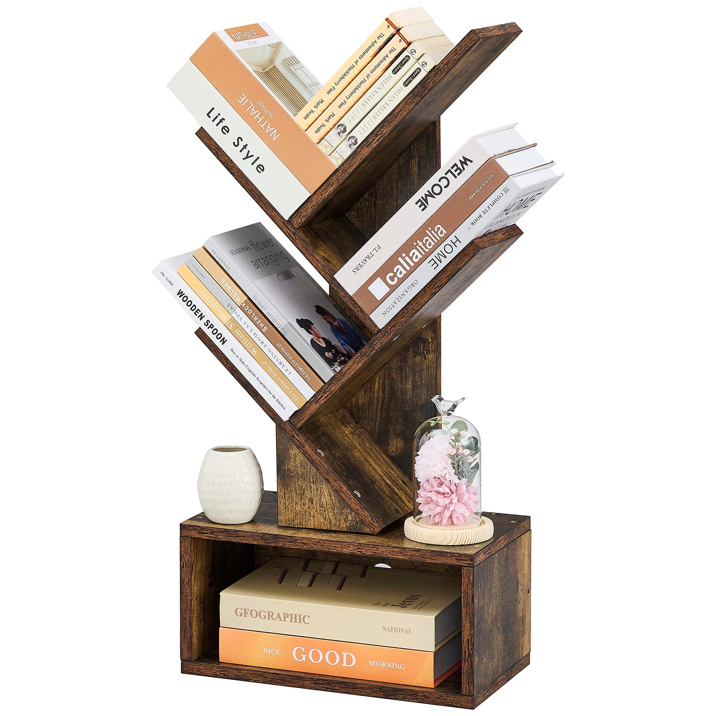 Hoctieon 4 Tier Tree Bookshelf, Tall Bookcase with Drawer, Wood Book Shelf, Modern Floor Standing Bookshelves, Book Organizer Shelves for Bedroom