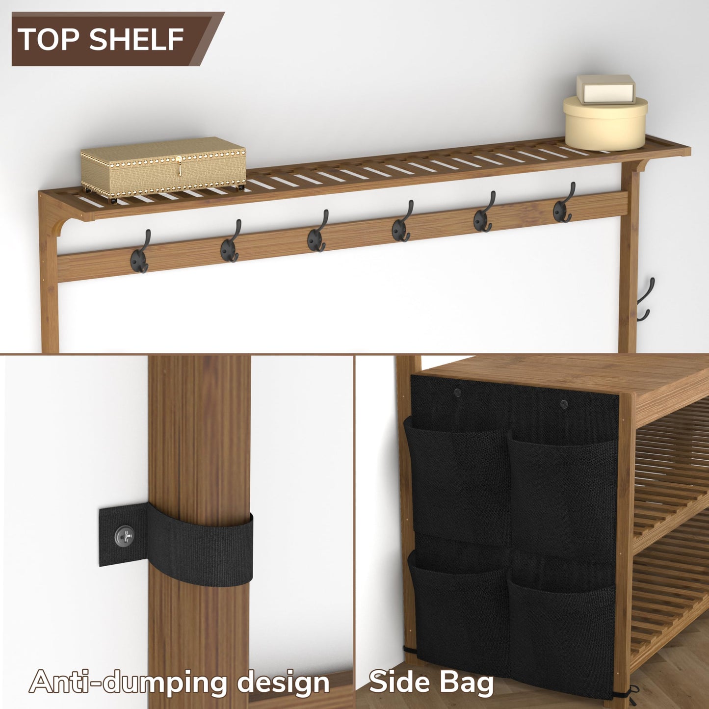AMBIRD Coat Rack Bamboo Hall Tree Entryway Shoe Bench and Shelves, 6-in-1 Coat Stand with Storage Cloth Bags with 14 Coat Hooks