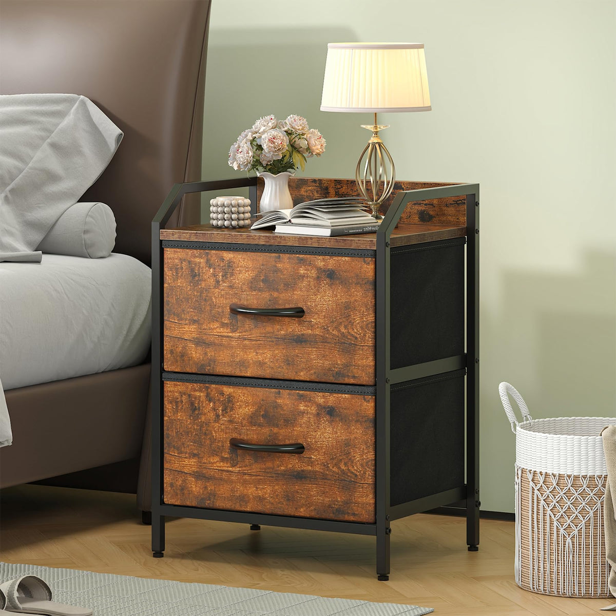 Feonase Bedside Table, Bedroom Bedside Cabinet with 2 Fabric Drawers, Nightstand Side Table for Bedrooms, Living Rooms(Rustic Brown)