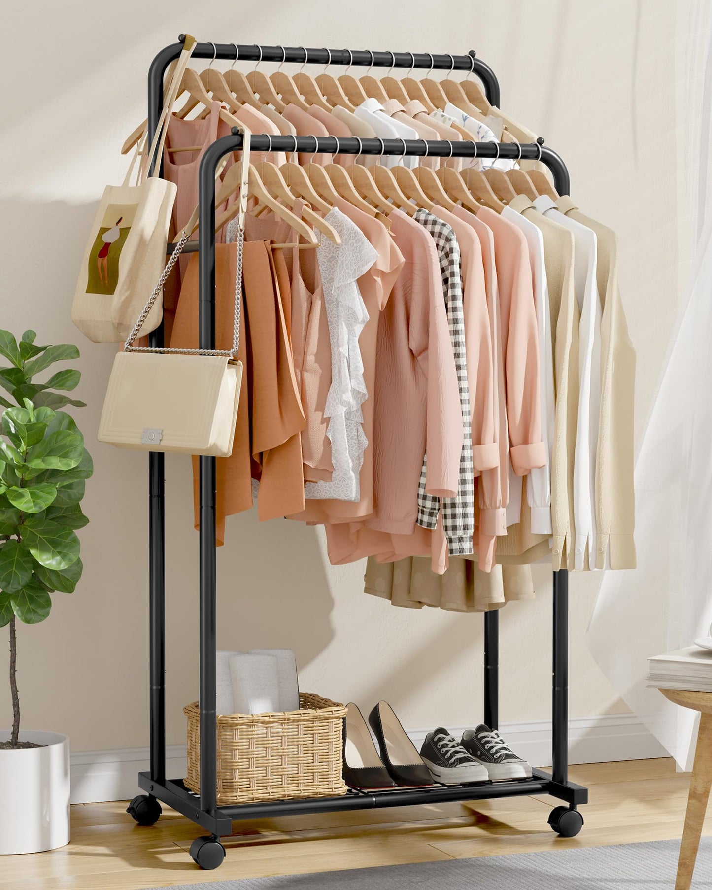 Sakugi Clothes Rail - Movable Clothes Rack with Bottom Shoes Shelf, Heavy-Duty Clothing Rail for Hanging Clothes, Coats, Dresses, Clothes Rail for