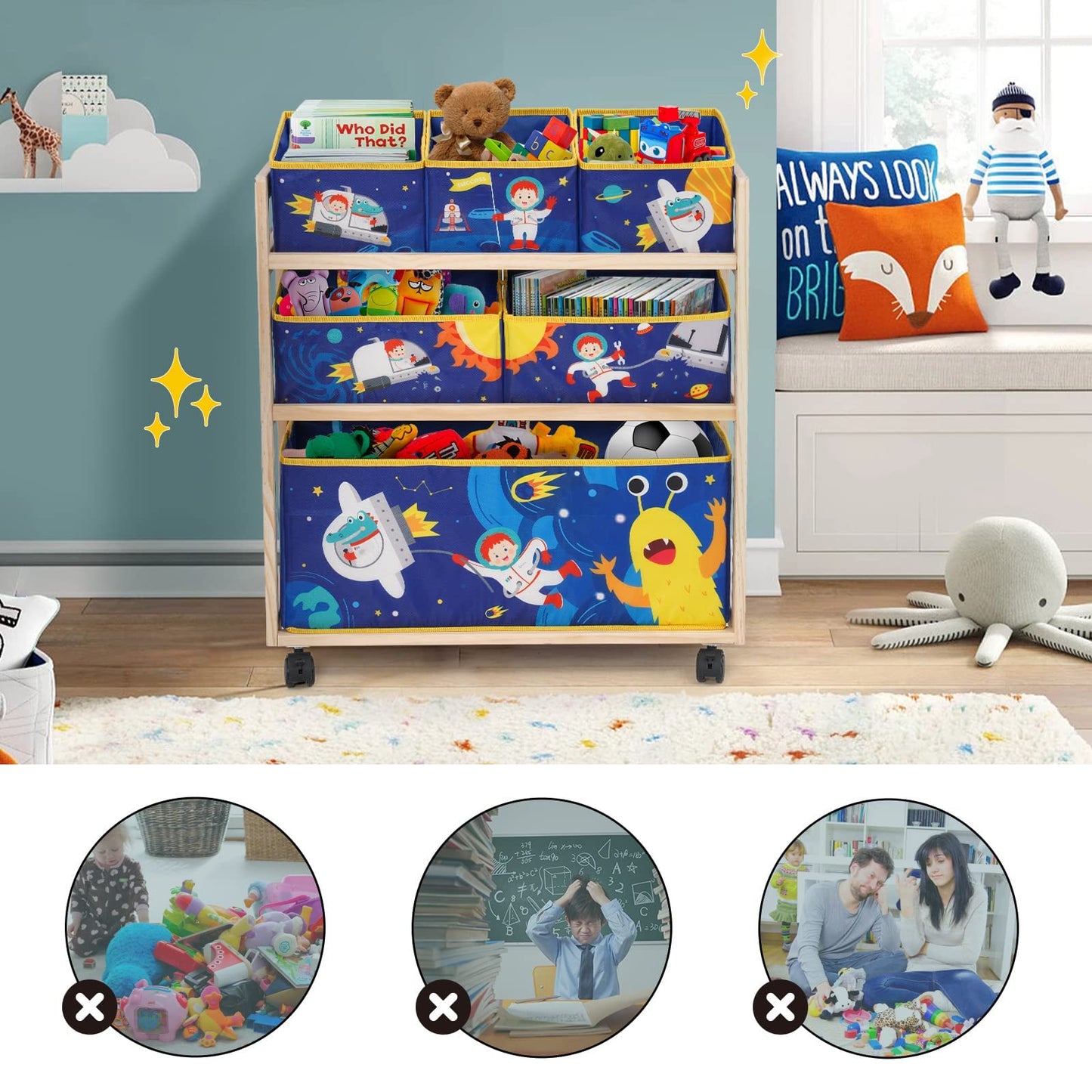 NUKied Kids Toy Storage Organizer 3-Tier Wooden Children Storage Rack with Wheels 6 Detachable Storage Bins Extra Large Capacity Bookshelf Bookcase