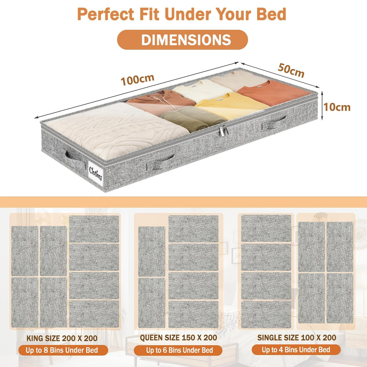 10cm Tall 2 Pack Underbed Storage Bags, Low Profile Under bed Storage Box with lid, Foldable Clothes Storage Bags with Sturdy Zip, PVC Window