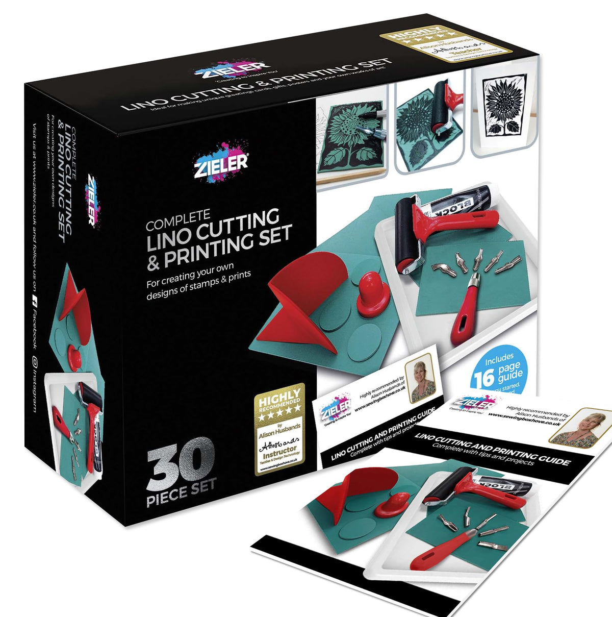 Complete Lino Cutting & Printing Set (30-Pieces)  by Zieler - Ideal for Projects Such as Greeting Cards, Stamps & Much More. Includes Starter