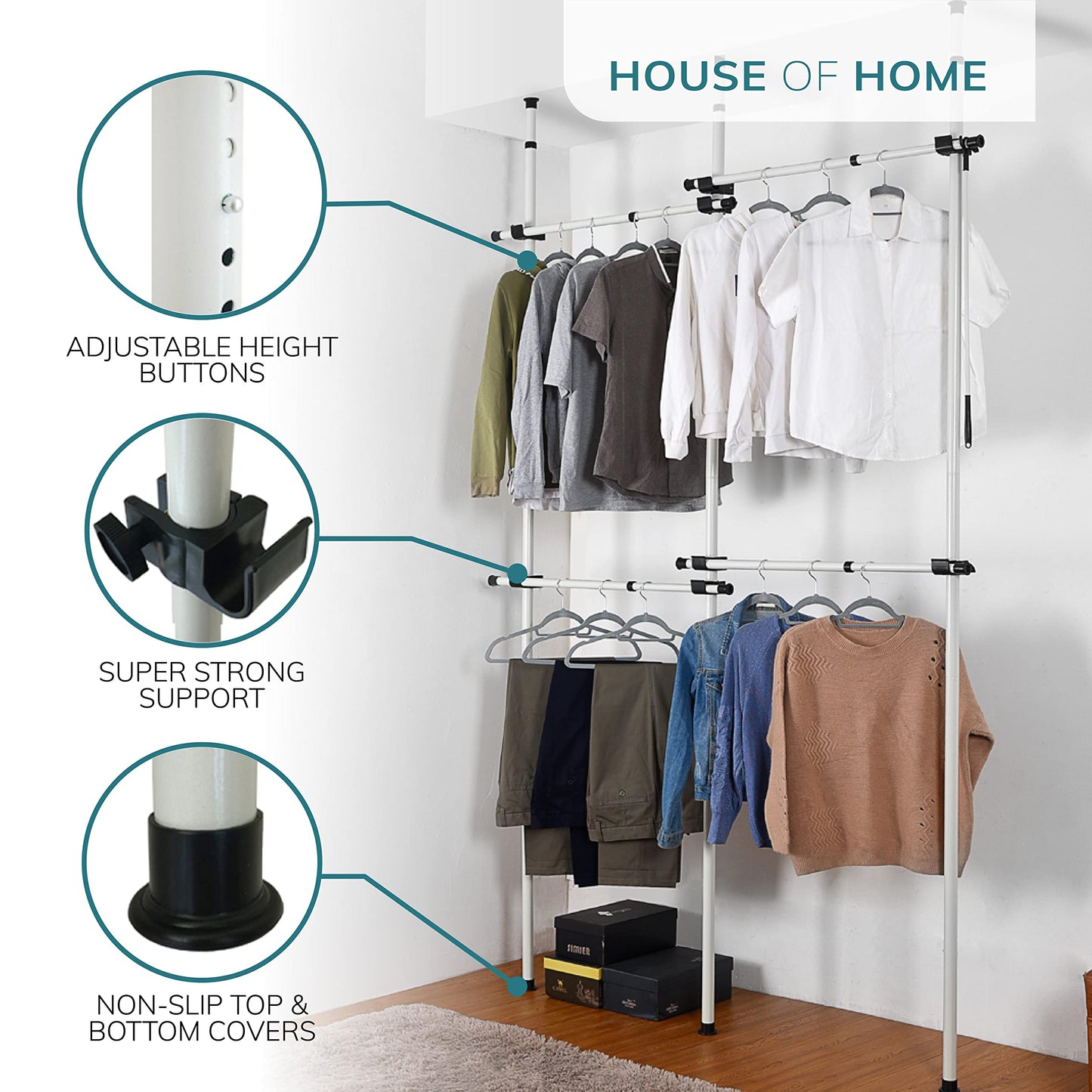 House of Home Heavy Duty Double Telescopic Clothes Rail - Rail Wardrobe Replacement - Adjustable Shelving Rack - Clothes Storage & Organiser for