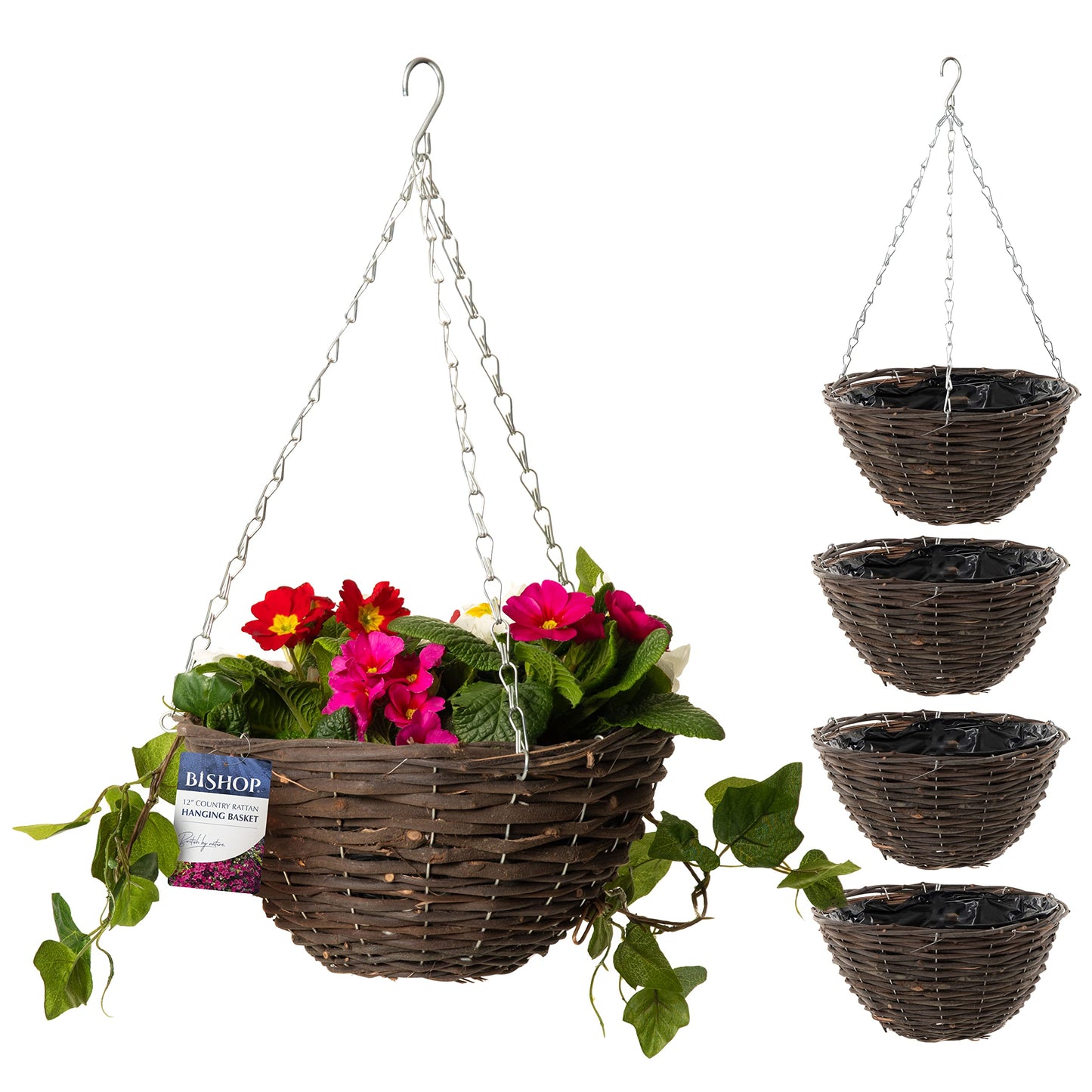 Bishop Rattan Hanging Baskets Outdoor ? Dark Wicker 12 inch Hanging Basket With Liner ? Perfect Gardening Gifts For Women ? Great Looking Garden