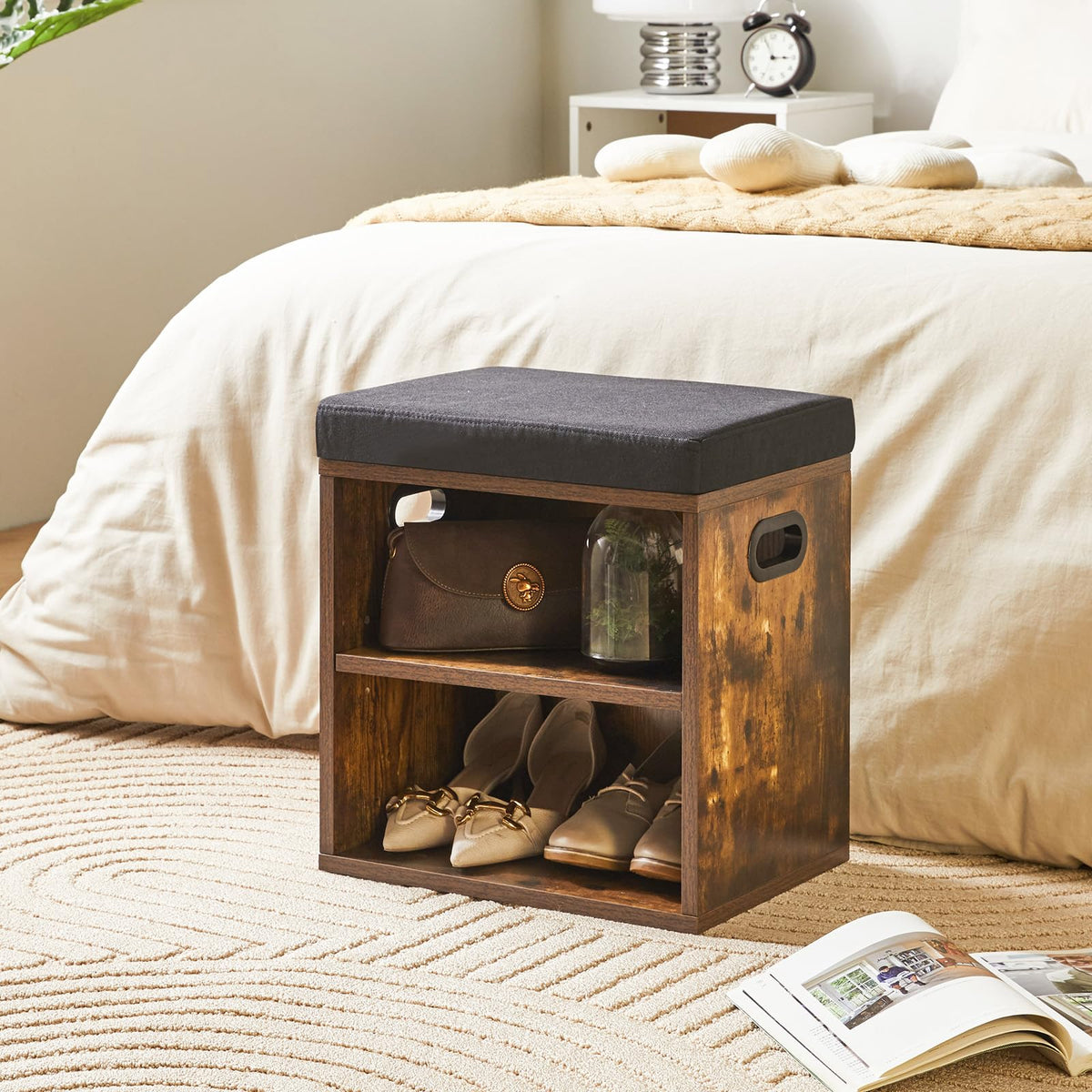 YMYNY Shoe Storage Bench with Cushion, 2 Tier Shoe Rack with Padded Seat, Adjustable Shoe Organizer Cabinet for Entryway, Living Room, Hallway,