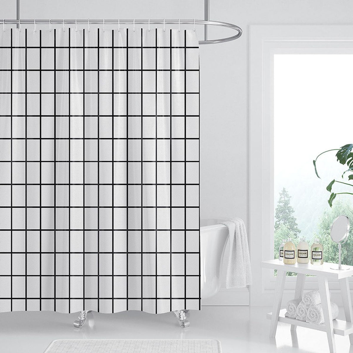 FSZhenZuan Shower Curtain 240 x 200 cm Drop Water Repellent Anti Mould Wet Room Shower Curtain with Hooks Washable Polyester Fabric White Grid