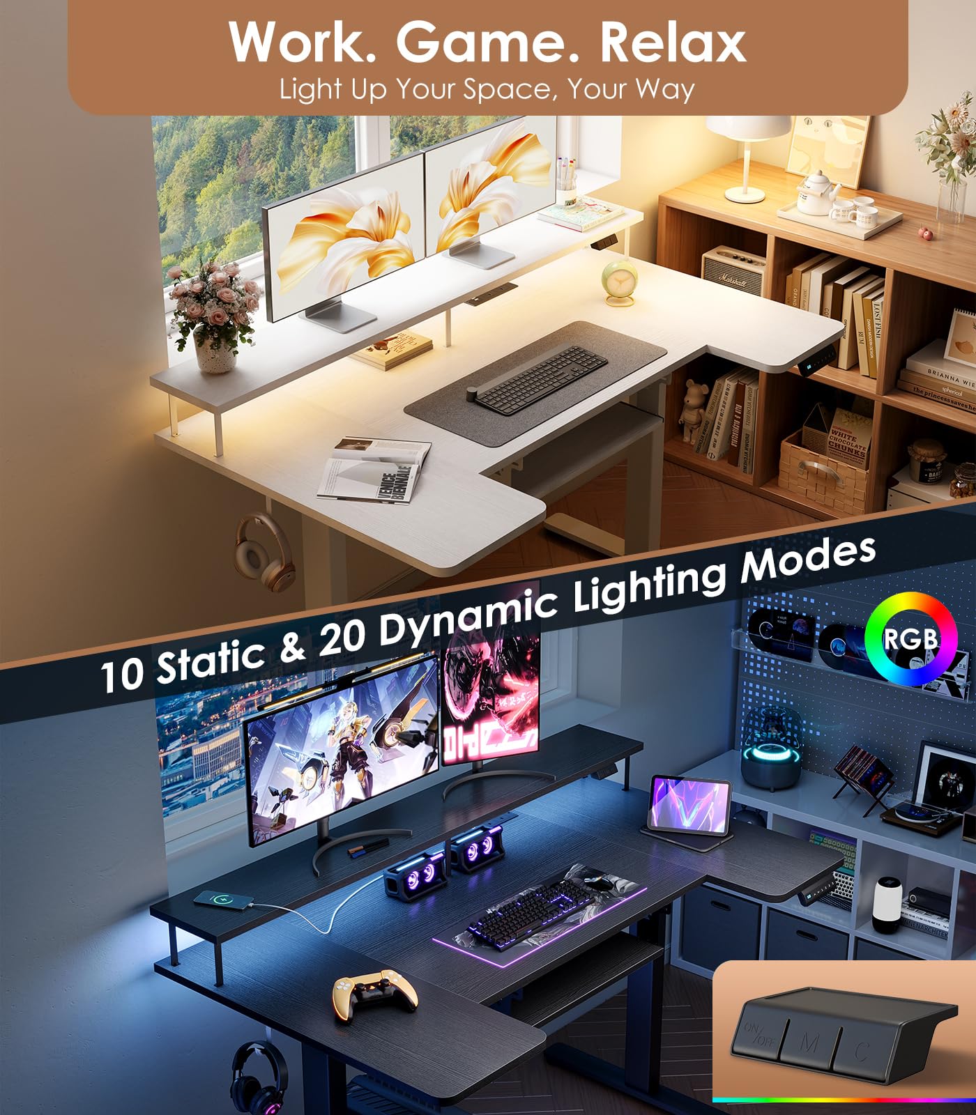 OffiGo Standing Desk, 120cm U Shaped Desk with LED Lights & Power Outlets