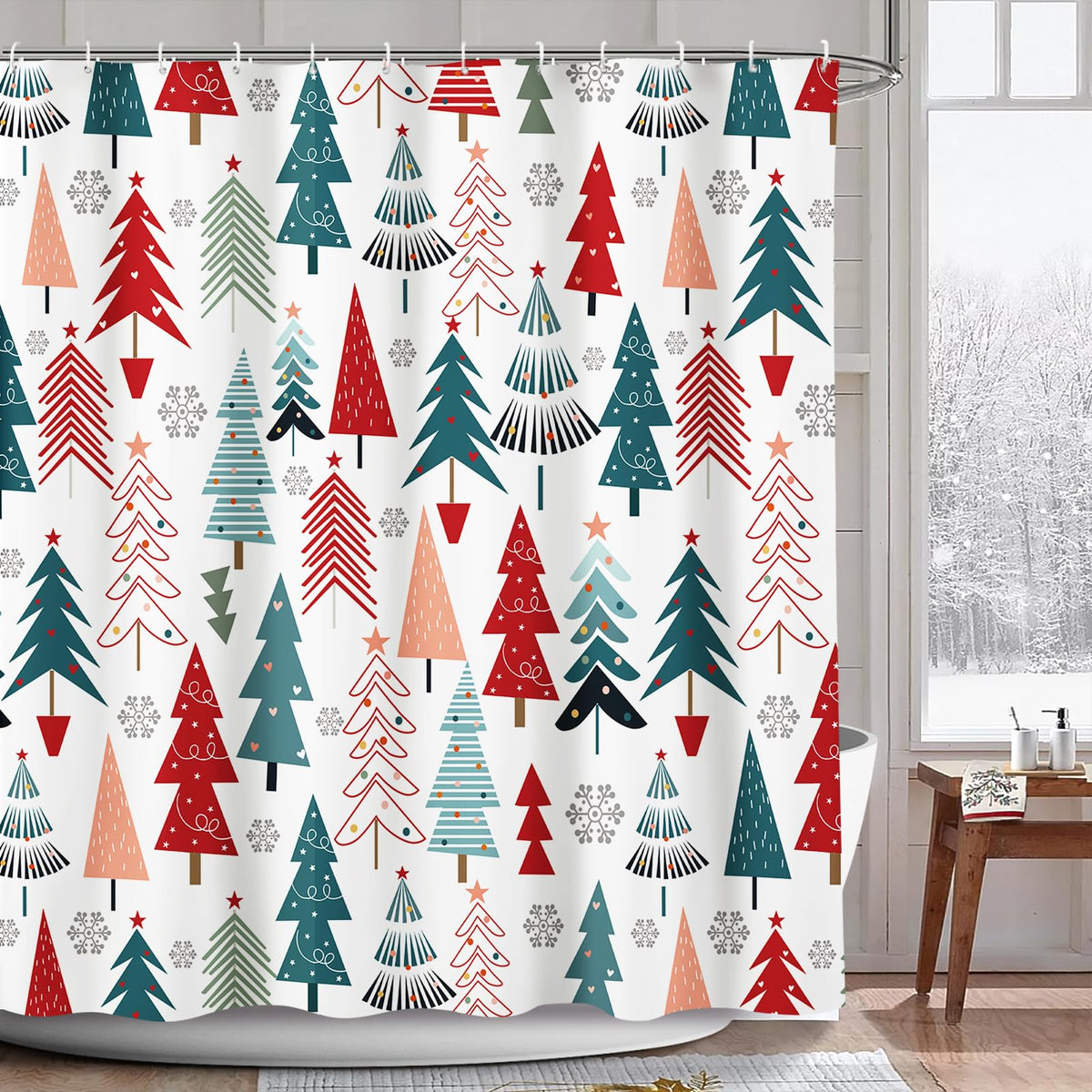 AIBIIN Christmas Shower Curtain Christmas Tree White Snowflake Red Stars New Year Holiday Xmas Bathroom Waterproof Fabric Merry Xmas Theme Shower