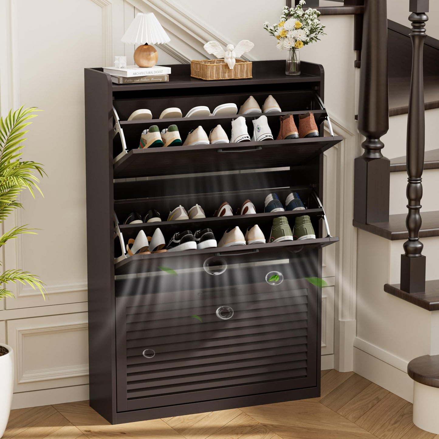 BonVache Shoe Storage with 3 Flip Louvered Doors, Narrow Wooden Shoe Cabinet (120x80x24cm) with Adjustable Shelves For Hallway, Entreway