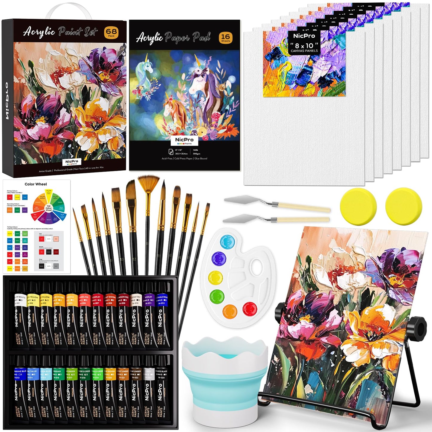 Nicpro 68PCS Acrylic Paint Canvas Set, Art Painting Supplies Kit with 24 Paints,Table Easel,8 Canvas Panels,12 Brushes,Paper Pad,Cleaning
