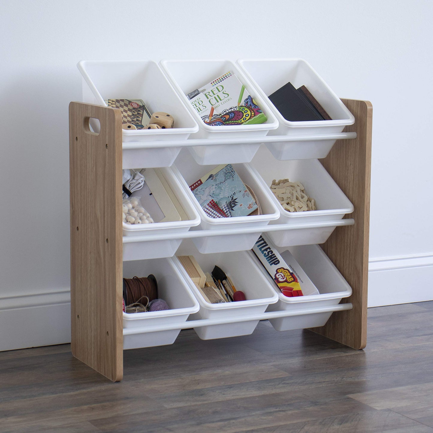 Humble Crew Journey Wooden Toy Storage Organiser for Children, with 9 BPA Free Plastic Removeable Storage Bins, Ideal for Storing Toys, Games, Books