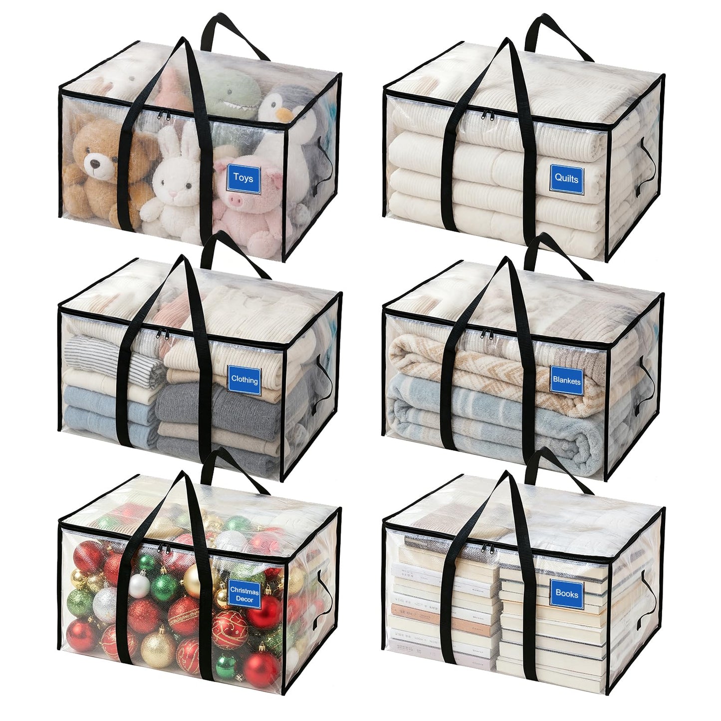 6 Pack Clothes Storage Bags with Zips, 94L Heavy Duty Clear Moving Bags