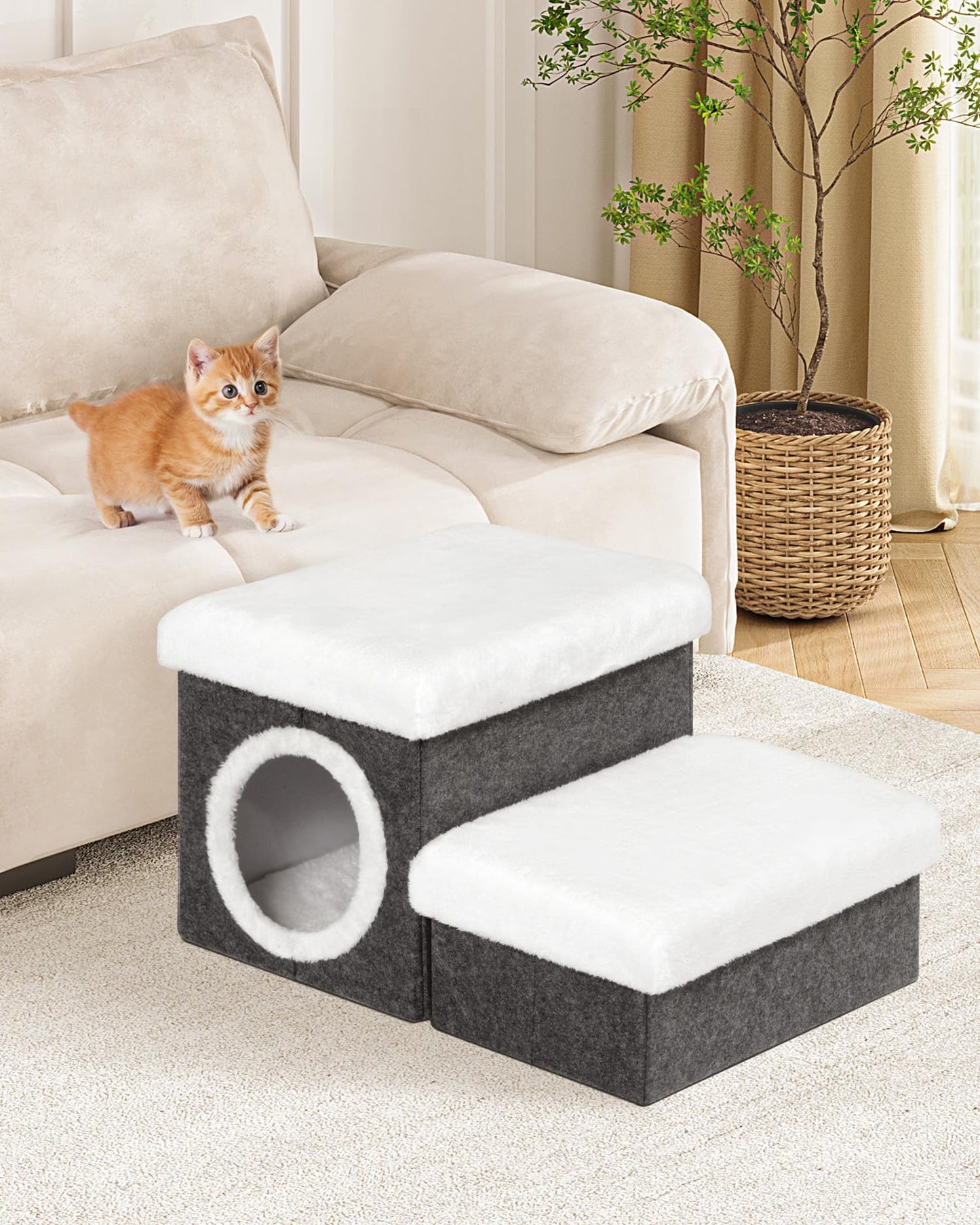 Bonlife Cat House Pet Stairs for Beds Sofa, Dog Bed for Indoor, Foldable Cat Climb Ladder with Storage,2-Tier Pet Steps with Toy Box,Dark