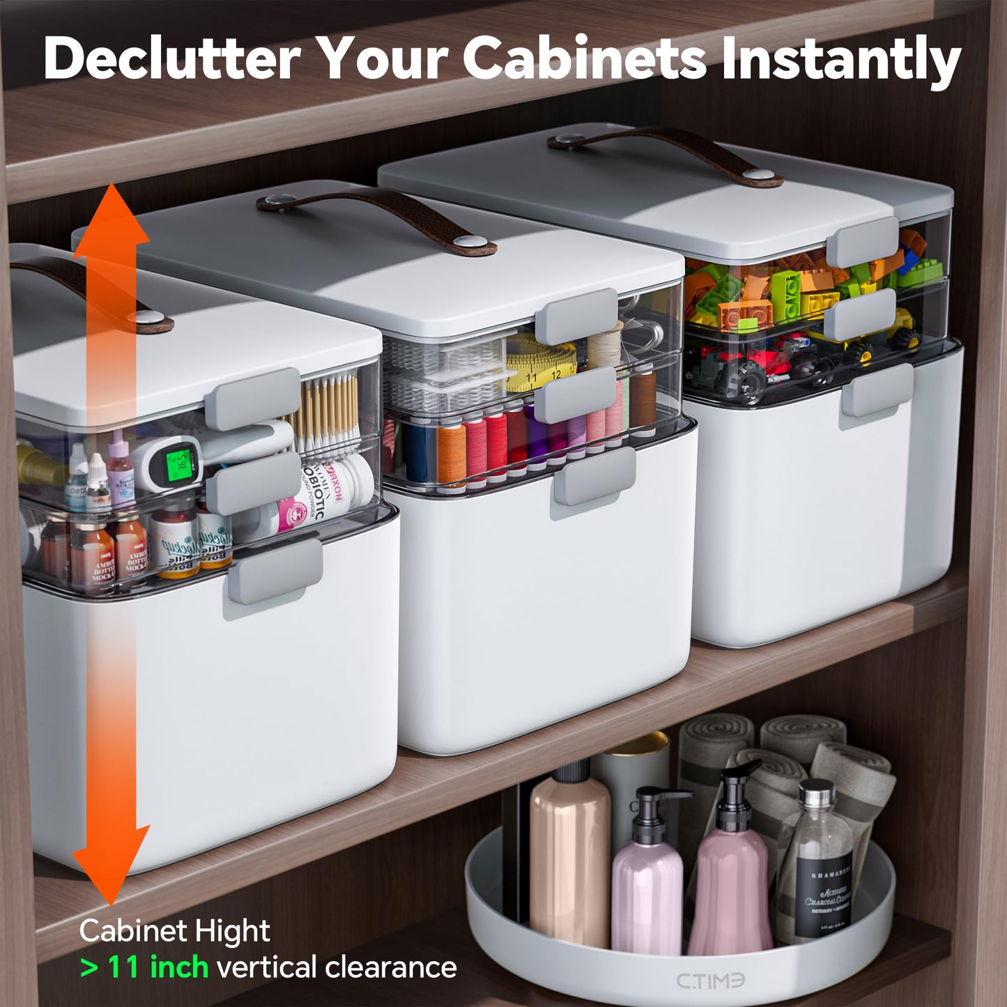 CTIME Extra Large Medicine Storage Box - 3-Tier Medication Organizer with Portable Leather Handle
