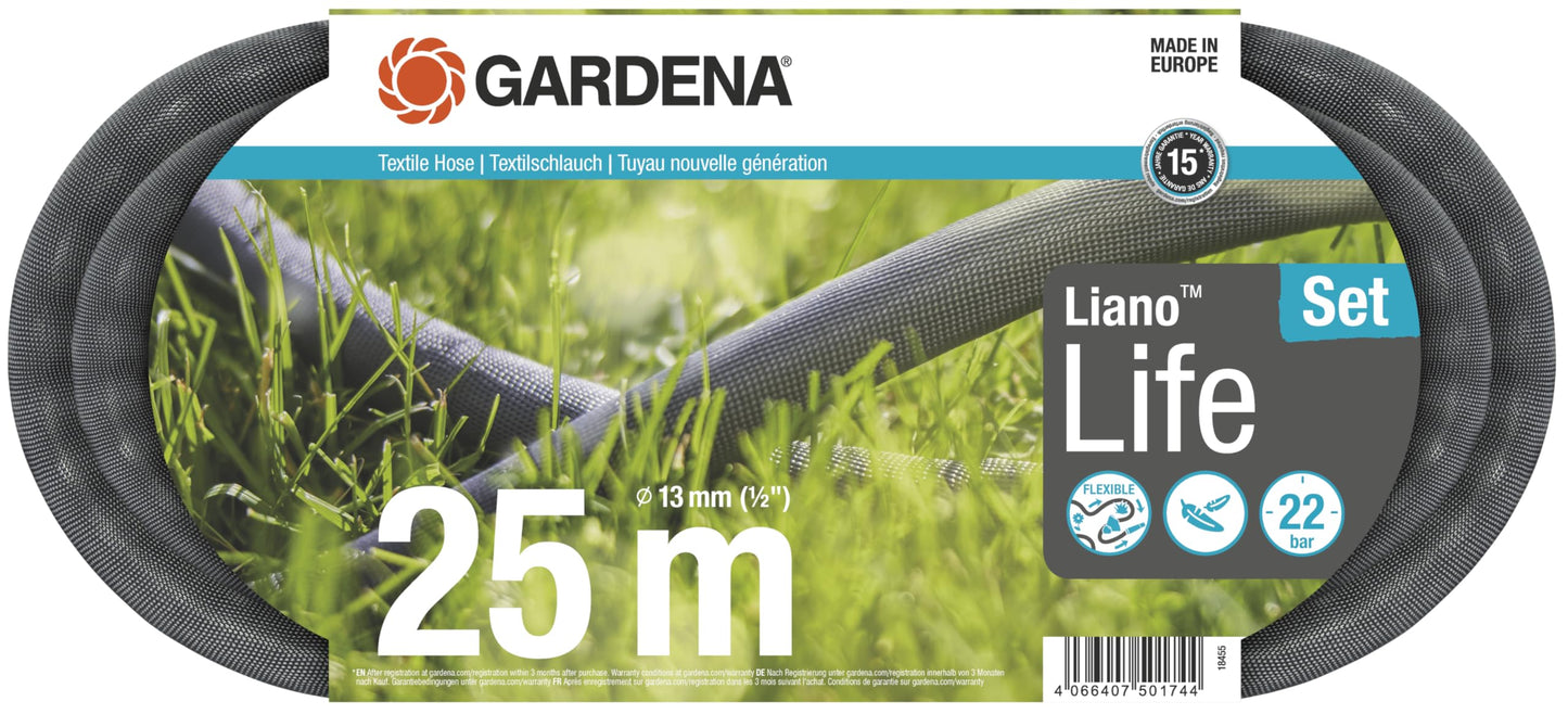 Gardena Liano Life Textile Hose 1/2 inch, 25m: Highly flexible textile garden hose, with PVC inner tube, no kinking, lightweight, weather-resistant
