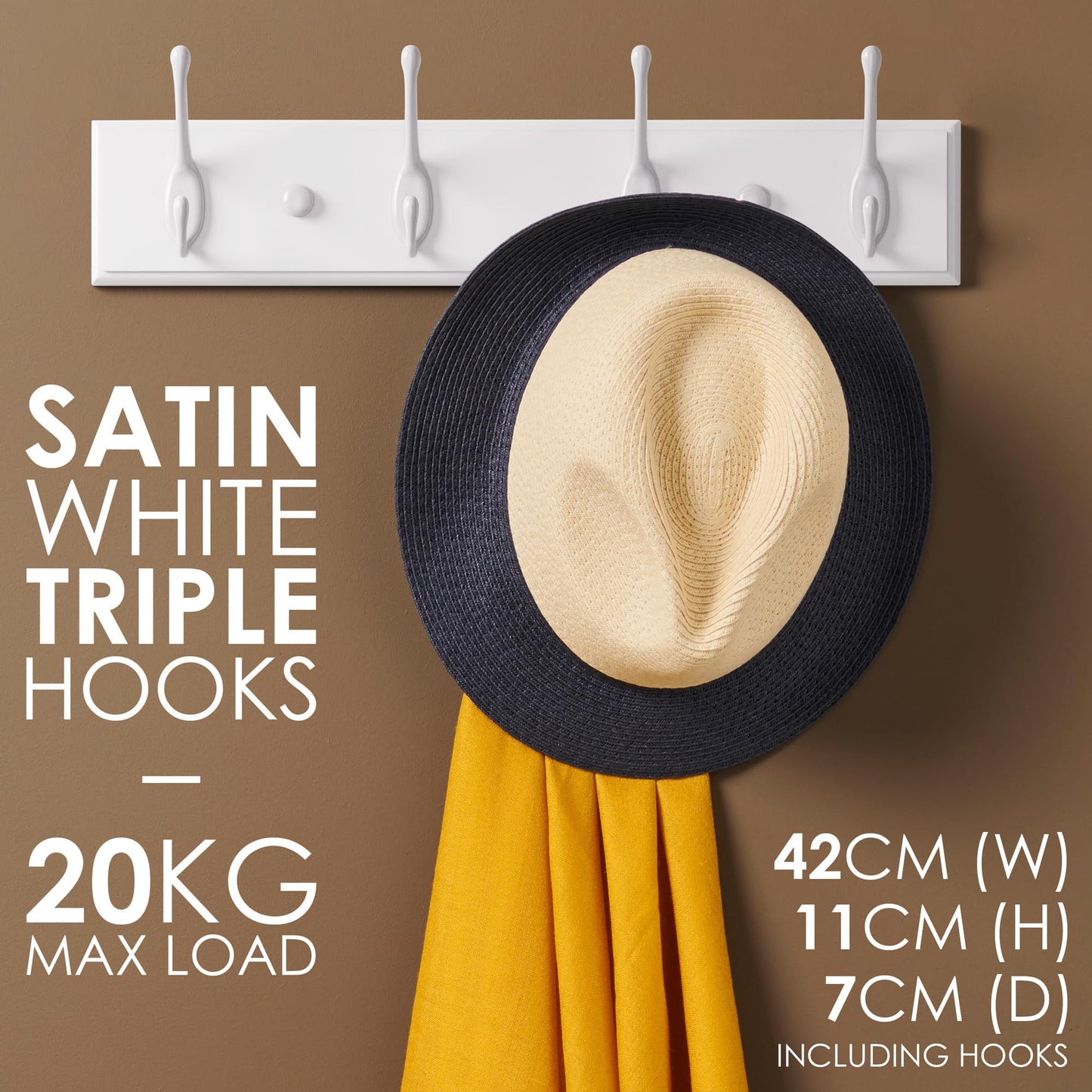 LARHN White Wall-Mounted Coat Rack - 4 White Coat Hooks, 42cm