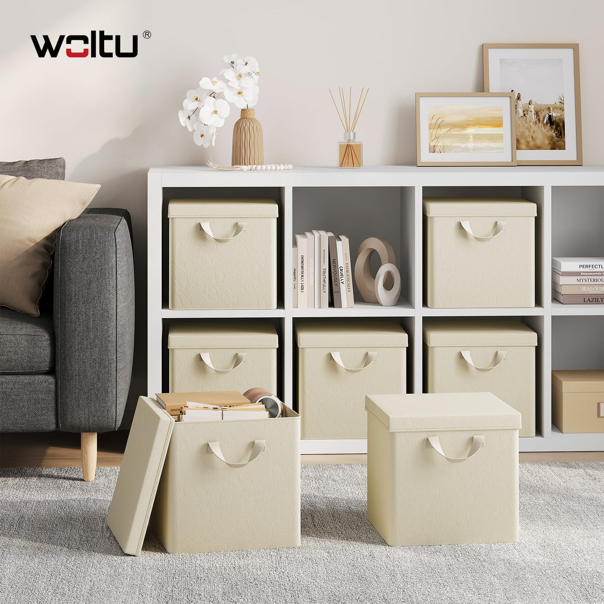 WOLTU Fabric Storage Boxes Set of 5, Folding Baskets with Lids, Handles, Metal Frame, Wardrobe Toy Organisers for Living Room, Bedroom, Office, Cream