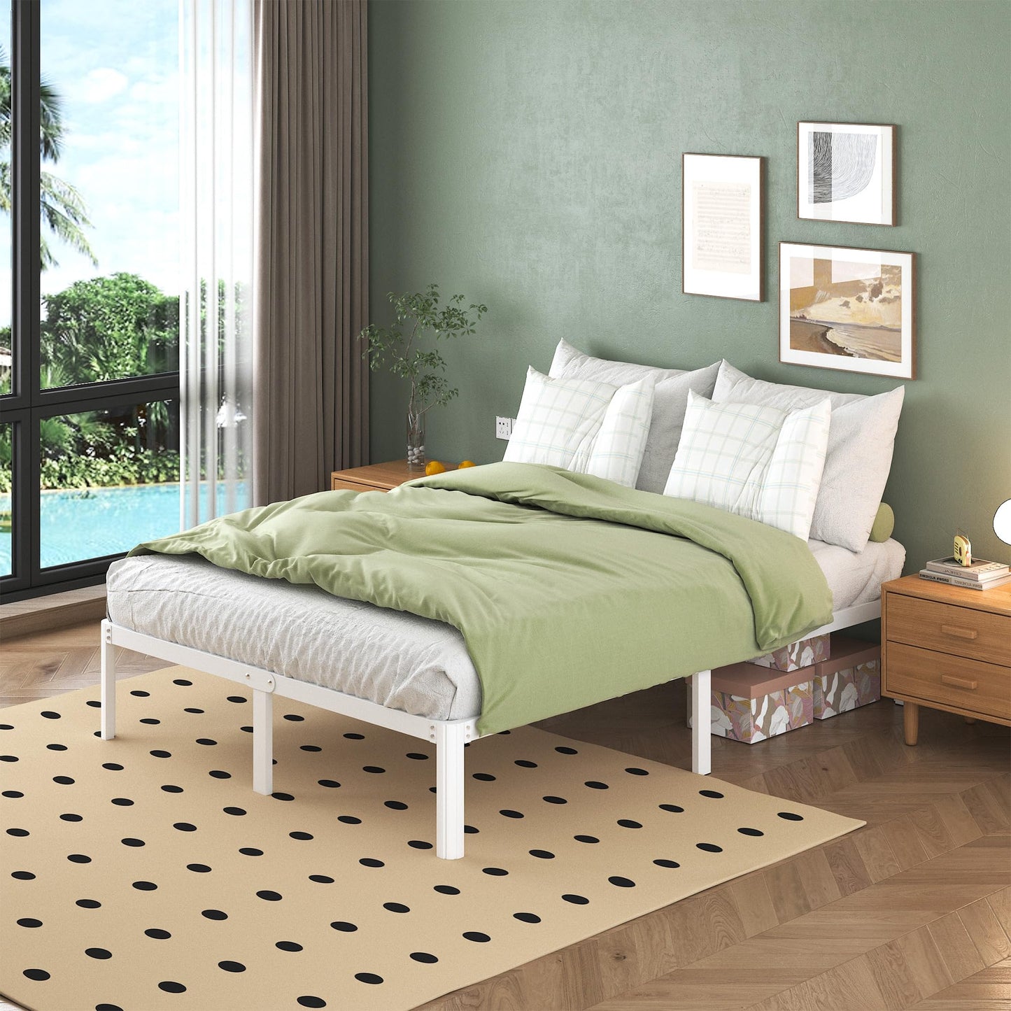 Lutown-Teen White Double Bed Frame 4ft6 with Rounded Corner Legs, Heavy Duty Metal Bed Frame Small Double with Steel Slats Support, Double Bed 36 cm