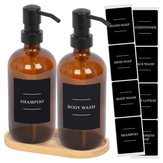 2pc 500ml Amber Glass Soap Dispenser with Black Labels & Bamboo Tray