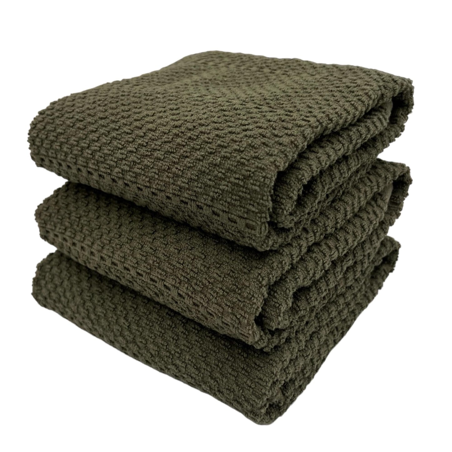 Olive Green Kitchen Hand Dish Towels: Oversized 28" x 18",100% Cotton Cloth Soft Cleaning Drying Absorbent Ribbed Design