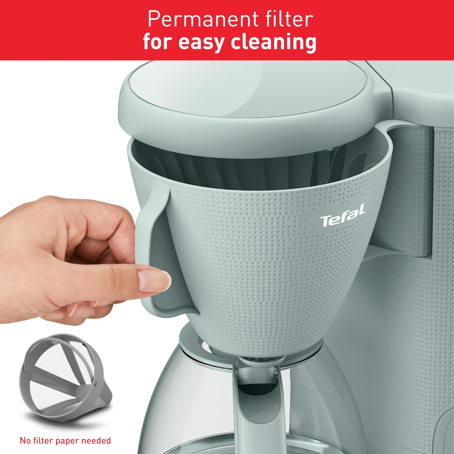 Tefal Morning Filter Coffee Maker - Eucalyptus, 1.25L Capacity, Permanent Reusable Filter, Drip-Stop System, Keep-Warm Function, Easy Fill Water Tank,