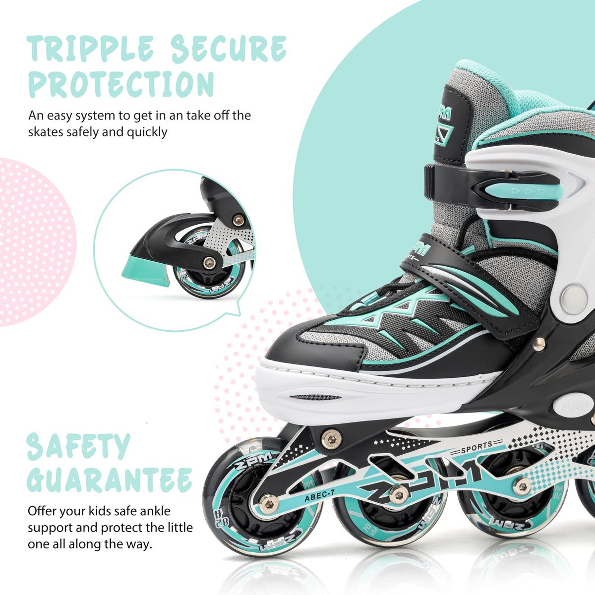2pm Sports Adjustable Light up Inline Skates, Stylish Design Beginner Roller Skates for Boys and Girls - Mint Small