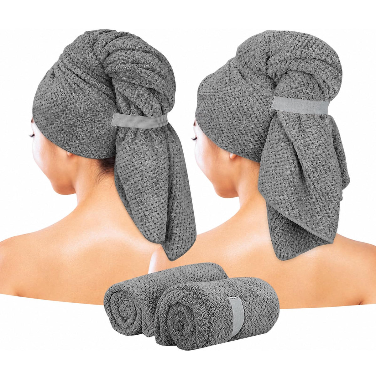 Eyeleaf Microfiber Hair Drying Towels,100 x 60cm,Quick Dry,Super Absorbent, for Long,Thick, Curly Hair 2pcs (Grey)