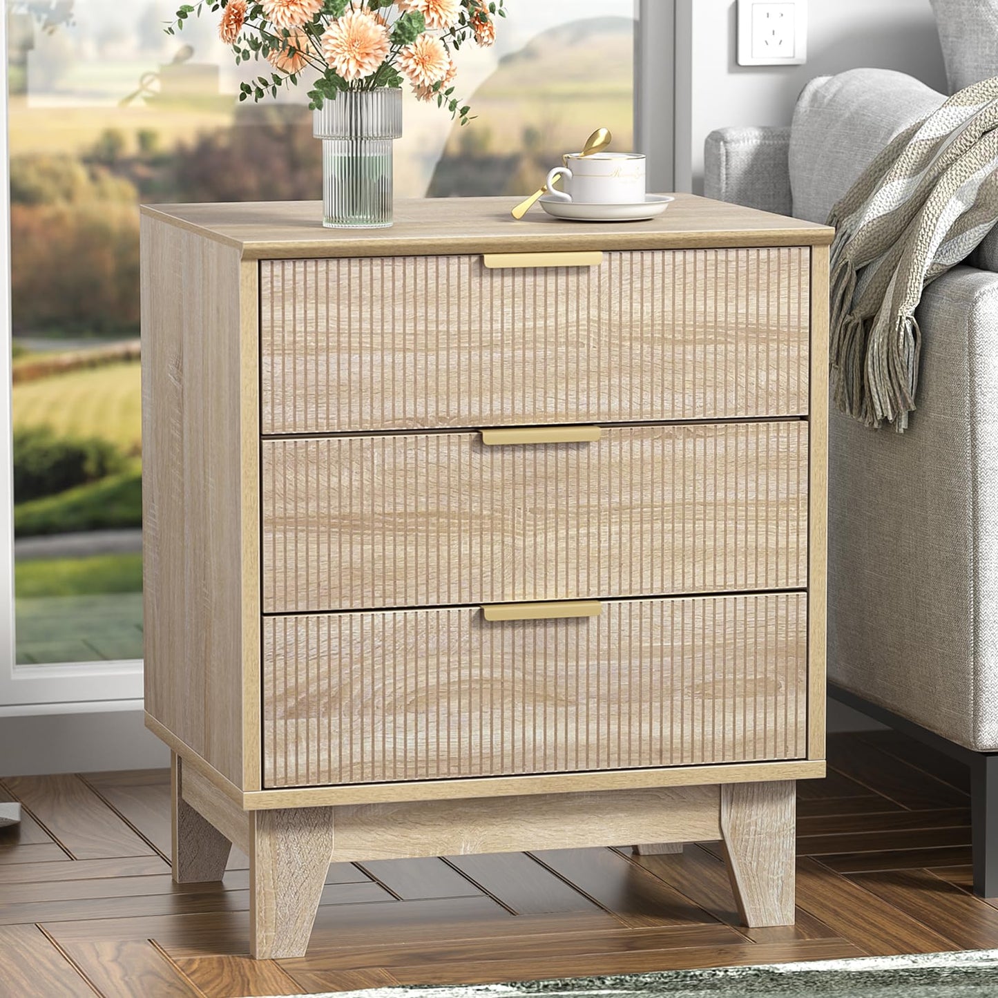 Yvsevnr Fluted Bedside Tables with 2 Drawer, Flexible Open Compartment, Wooden Sofa Side Table End Tables with Metal Handle Nightstand for