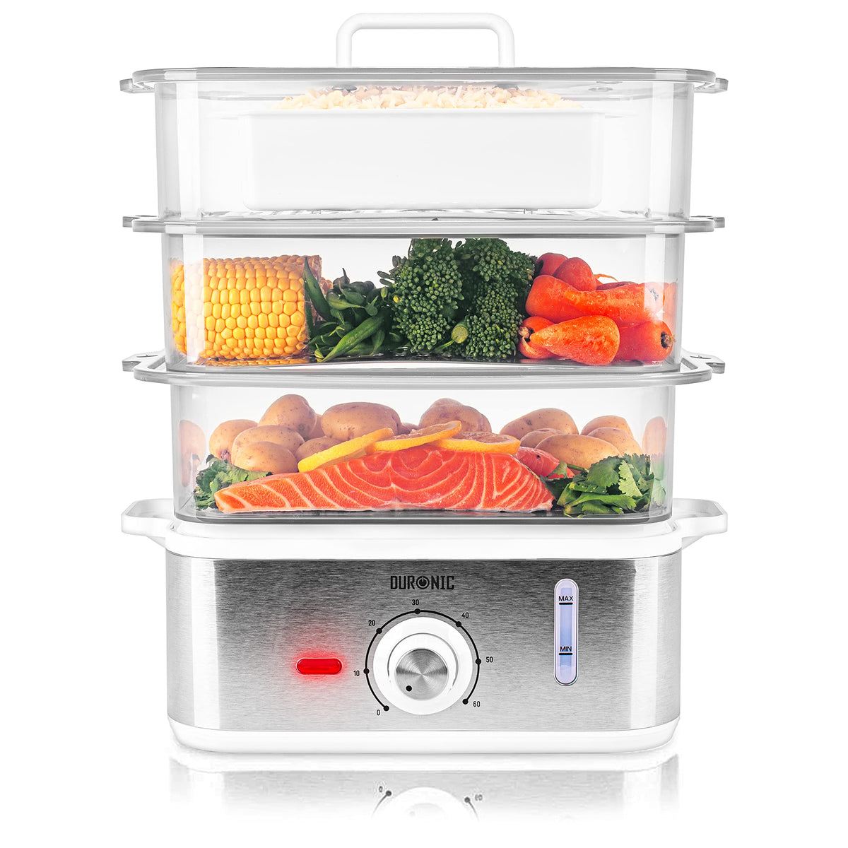 Duronic Electric Food Steamer FS87, BPA-Free 3 Tier Rice & Vegetable Steamers with Rice Bowl & Timer Perfect to Steam Vegetables, Fish, Dumplings,