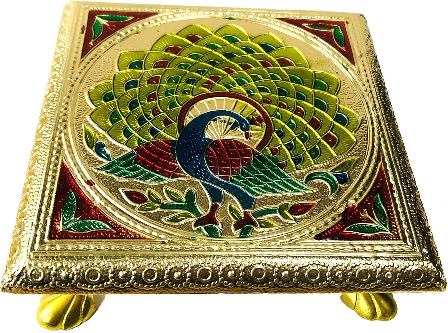 AARNAV 6" x 6" Handcrafted Low Table Bajath Bajot Chowki For God Temple or Lamp or Vase or Hindu Puja Brass Minakari Table (Brass Minakari 6"x6")
