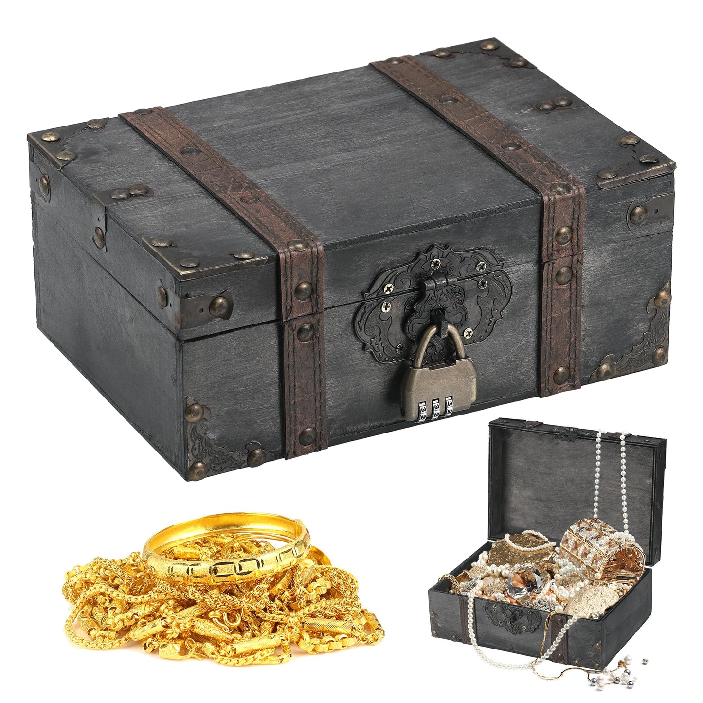 Pirate Treasure Chest, Wooden Treasure Chest with Lock, 23.5x16x10cm