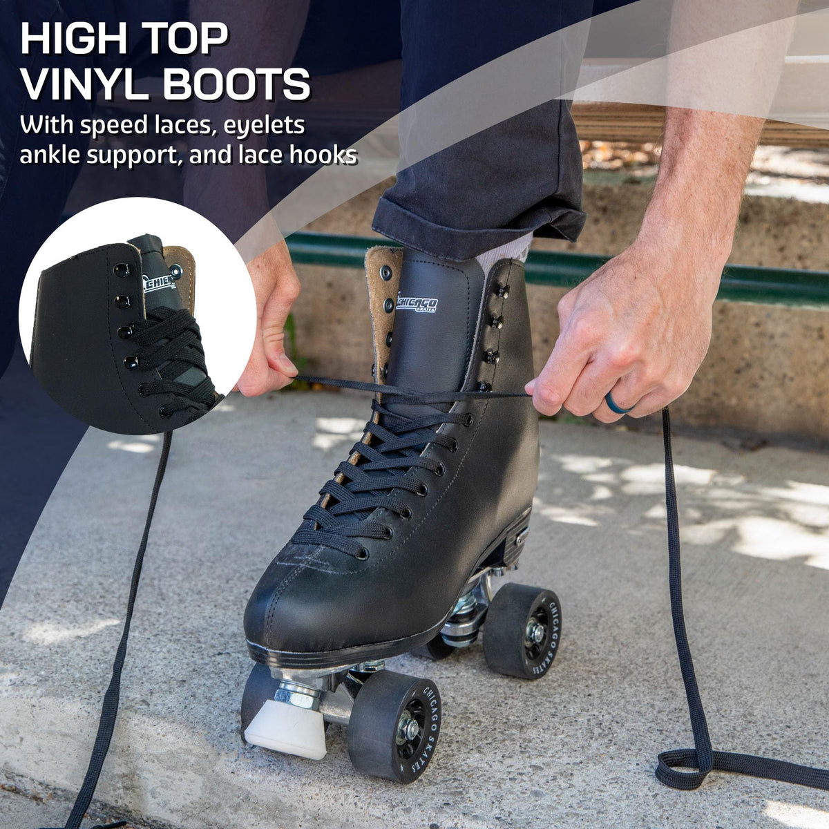 Chicago Skates Men's Premium Leather Lined Rink Roller Skate - Classic Black Quad Skates - Size 6