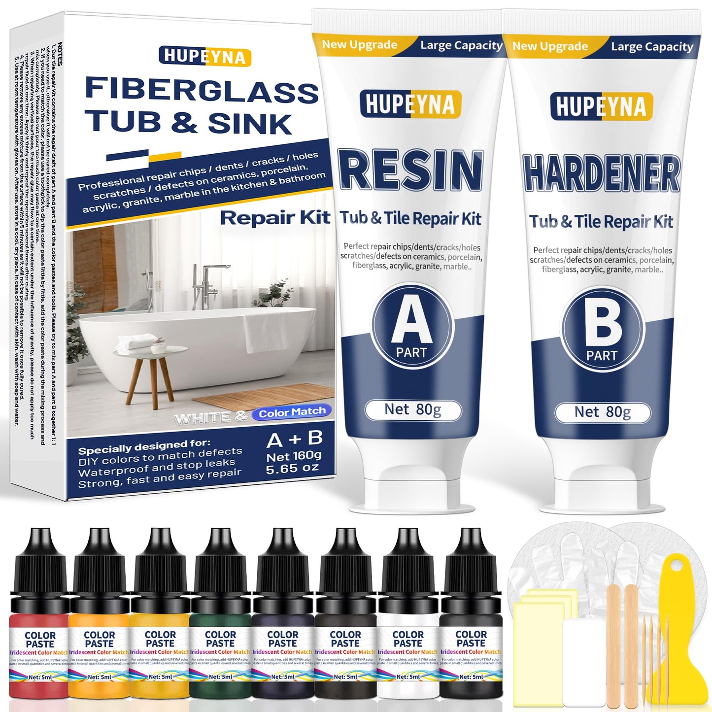 Fiberglass Repair Kit, Bathtub Repair Kit for Tile, Acrylic, Ceramic, Enamel, Kitchen Bathroom Fix Chips Cracks Scratches Rust Holes on Porcelain