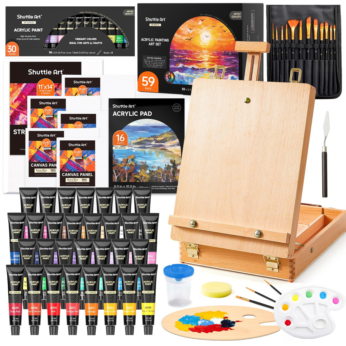 Shuttle Art 59 Pack Acrylic Painting Set, Professional Deluxe Art Set with Table Top Easel, 30 Colours Acrylic Paints Set, Canvas, Brushes, Complete