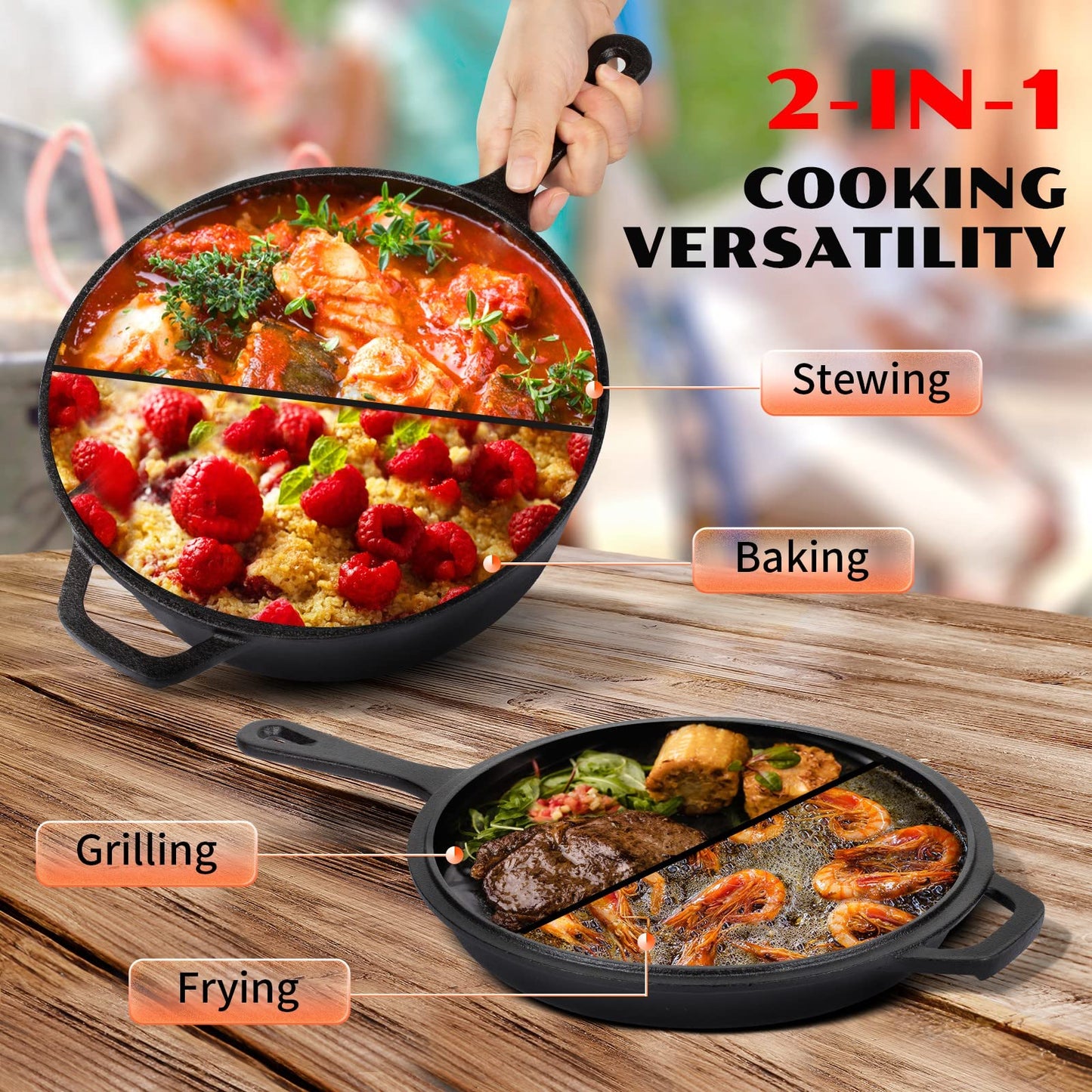 Overmont Pre-Seasoned 3L/3.2 quart Cast Iron Combo Cooker with Lid,2 in 1 with Cookbook Recipe,3L Dutch Oven, 1.4L Skillet, Grill Griddle Works on