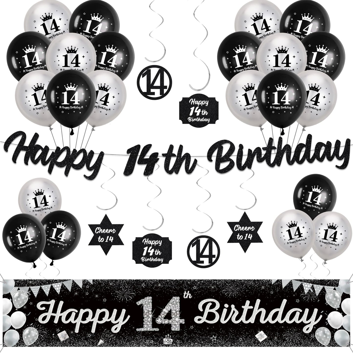 14th Birthday Decorations for Boys Girls - Black Silver Happy 14th Birthday Yard Garland and Banner, Glitter Hanging Swirls Decor and Latex Balloons
